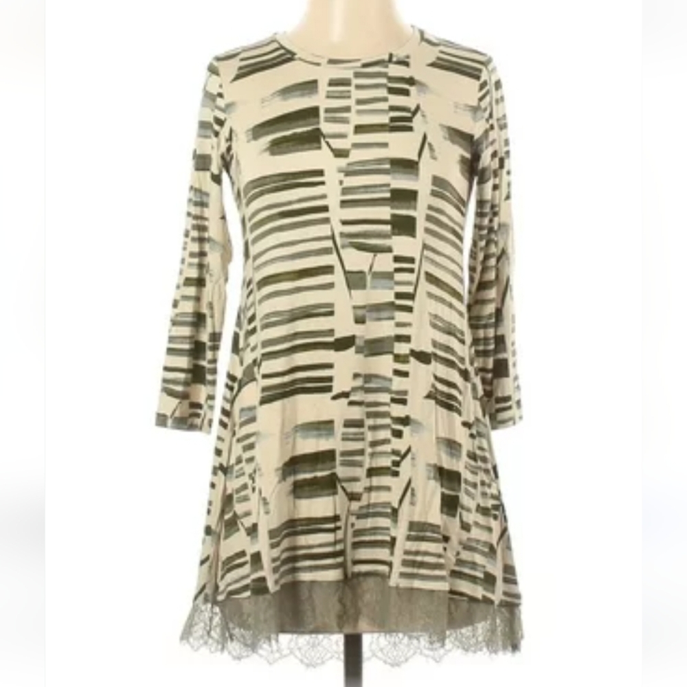LOGO Lori Goldstein Cream & Olive Lace Trimmed Dress